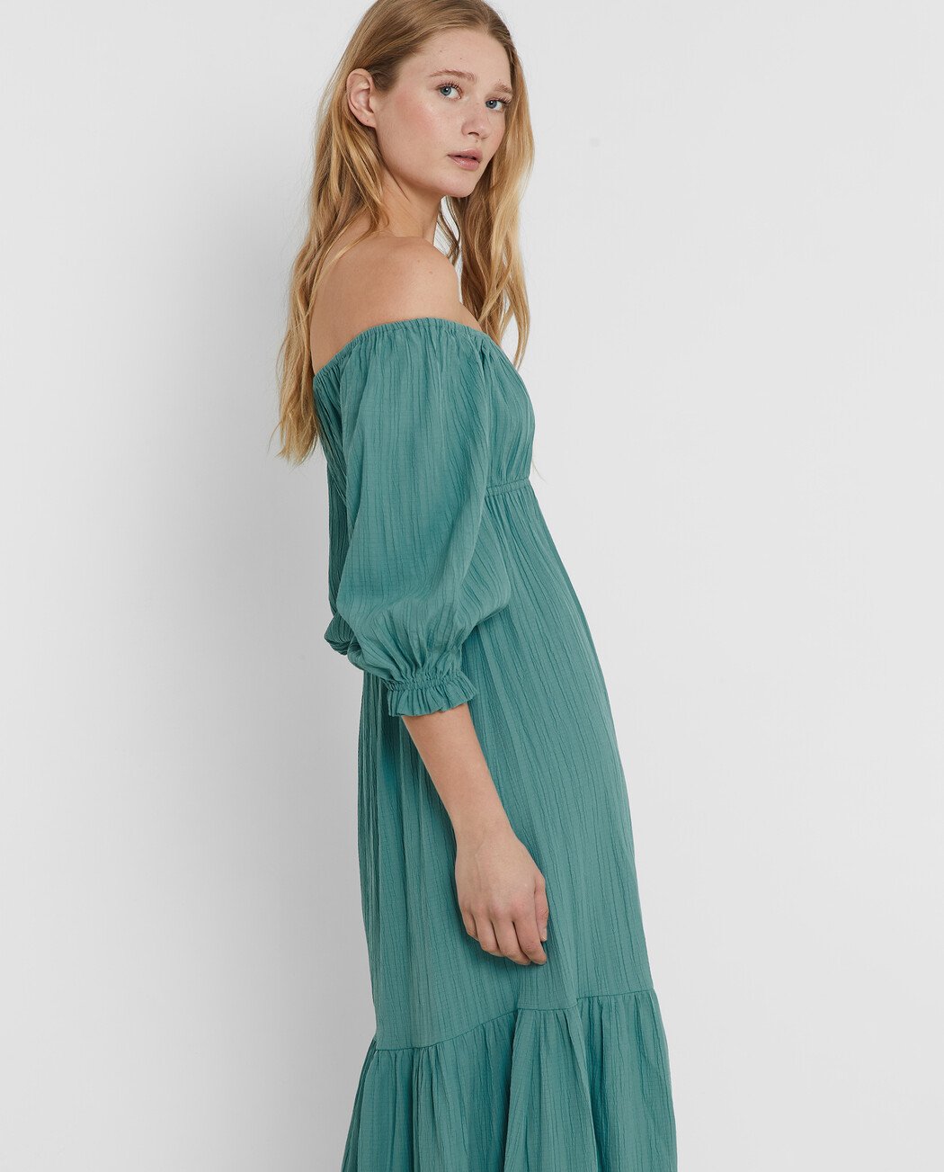 VESTIDO MIDI MANGAS ABULLONADAS